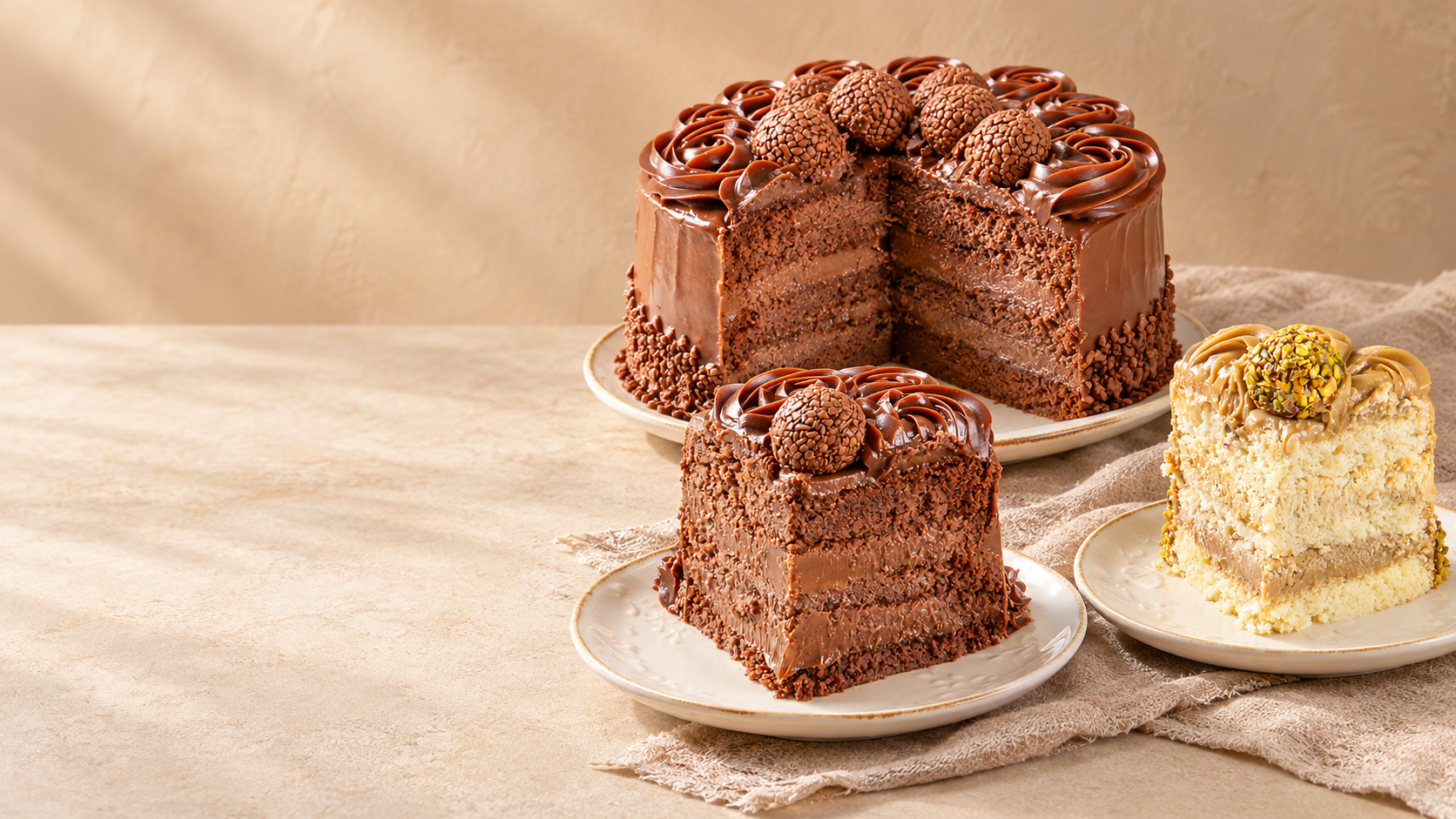 Bolo de chocolate com brigadeiro, com fatia servida
