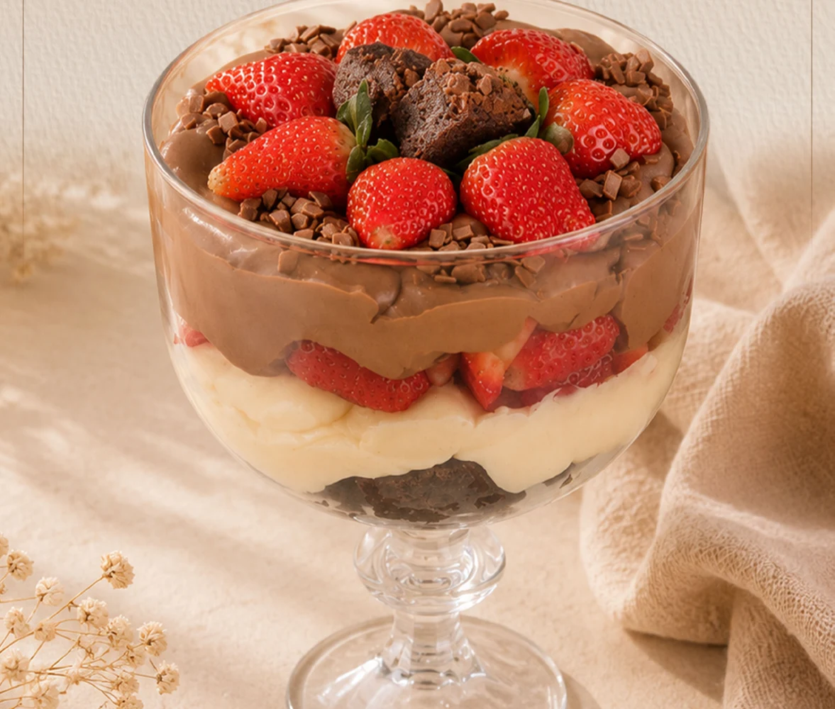 Taça ChocoBrownie com morangos da Déli Doces